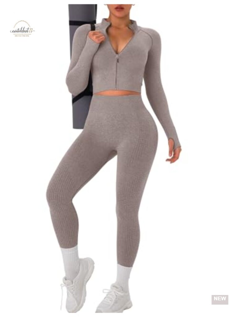 Women's 2 Piece Workout Set Seamless Yoga Outfit Long Sleeve Zip Jacket Leggings